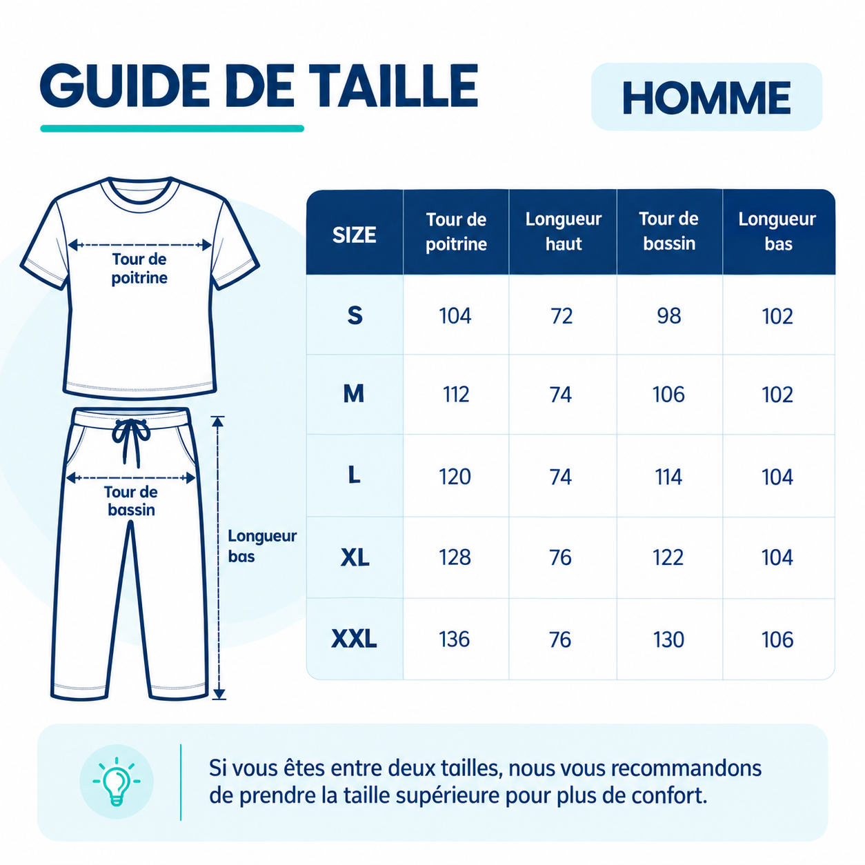 Guide des tailles Homme Bianca Uniforms